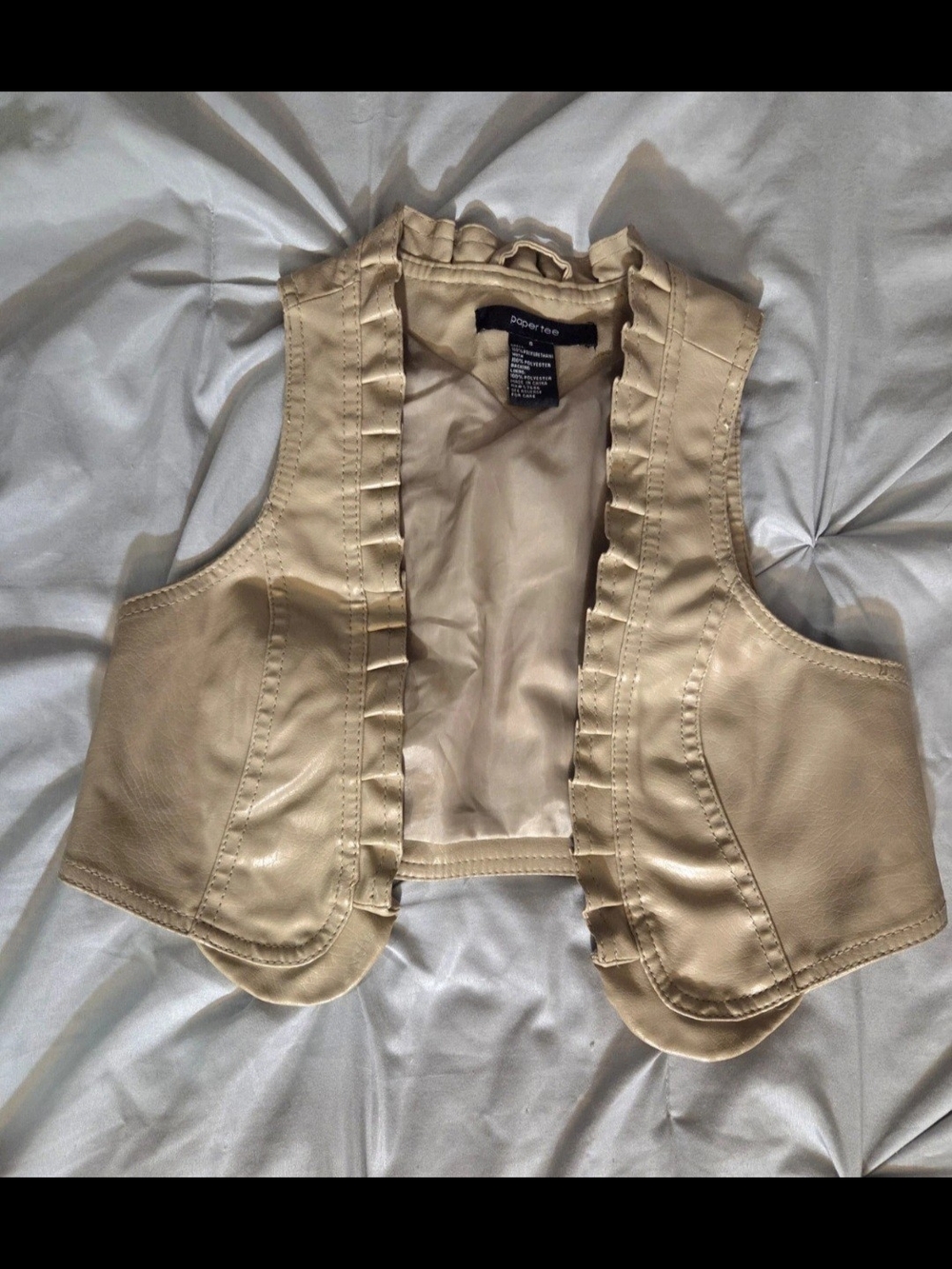paper tee Cream Ruffle Trim Faux Leather Jacket